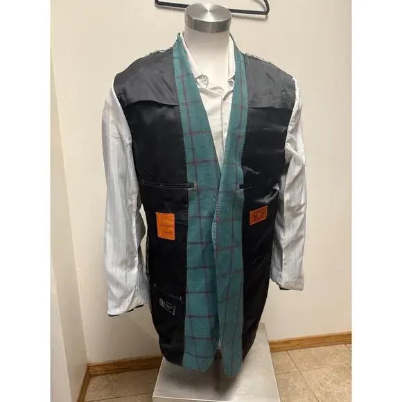 Statement Italy Confidence Blazer Mens 42L Green Windowpane Plaid Wool Two Btn